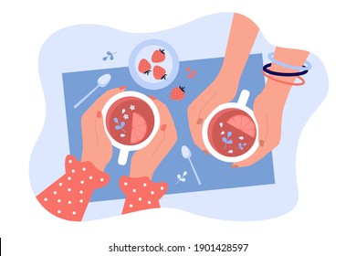 Female friends drinking herbal berry tea. Top view of cups or mugs in human hands. People meeting in cafe. Vector illustration for hot healthy drink, coffee shop, leisure concept