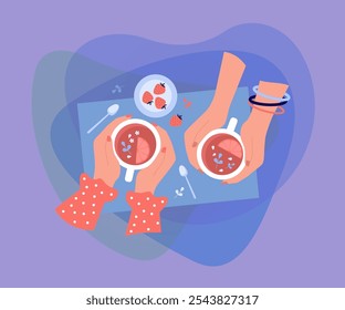 Female friends drinking herbal berry tea. Top view of cups or mugs in human hands. People meeting in cafe. Vector illustration for hot healthy drink, coffee shop, leisure concept