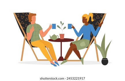 Female friends drinking tea in cafe. Outdoor summer time, spending time together flat vector illustration