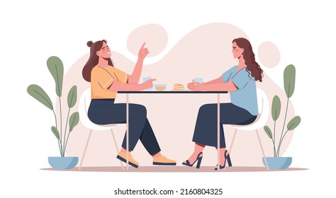 Female friends drinking tea together at cafe. Young smiling women spend time in cafeteria during lunch break. Characters laugh, communicate and relax after work. Cartoon flat vector illustration