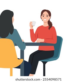 Female friends drinking tea together at cafe. Flat vector illustration isolated on white background