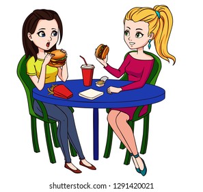 Female friends eating fast food meal in restaurant. Two people sitting, talking and having lunch burgers, fries and drinking soda. Hand drawn cartoon vector illustration, isolated on white background.