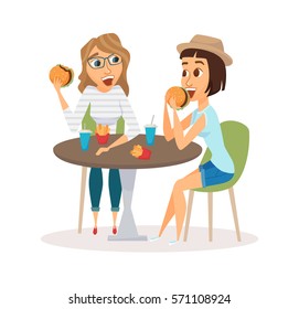 Female friends eating fast food meal in restaurant. Two people sitting, talking and having lunch burgers, fries and drinking soda. Meeting of young fun and smiling women in mall