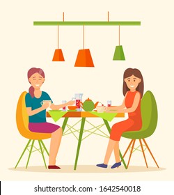 Female friends eating in restaurant together. Women having meals discussing events. People on holidays, meeting of characters. Modern cafe interior design with clients and customers vector in flat