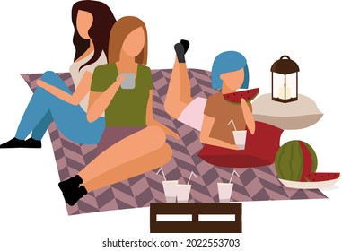 Female friends enjoying outdoor picnic semi flat color vector characters. Full body people on white. Backyard party isolated modern cartoon style illustration for graphic design and animation