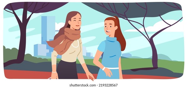 Female friends enjoying walking in summer park. Smiling fashionable women persons cartoon characters chatting spending time together. Women friendship, communication, leisure flat vector illustration