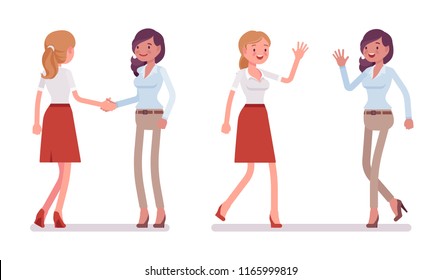 Female friends greeting. Women in handshake and high five gesture, showing respect. Business protocol manners and etiquette concept. Vector flat style cartoon illustration isolated on white background