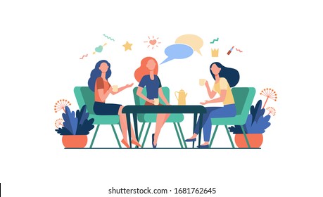 Female friends hanging out in cafe. Women sitting at table, drinking tea or coffee, talking with speech bubble. Vector illustration for chatting, communication, lunch, friendship concept