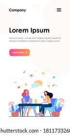 Female friends hanging out in cafe. Women sitting at table, drinking tea or coffee, talking with speech bubble. Vector illustration for chatting, communication, lunch, friendship concept