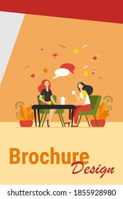 Female friends hanging out in cafe. Women sitting at table, drinking tea or coffee, talking with speech bubble. Vector illustration for chatting, communication, lunch, friendship concept