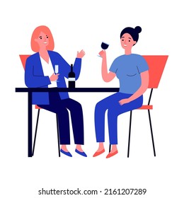 Female friends hanging out in cafe. Cheerful women sitting at table, talking, laughing, drinking wine. Vector illustration for communication