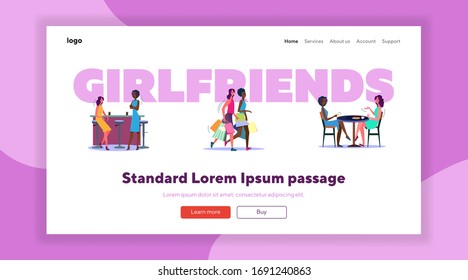 Female friends having fun together set. Two women in cafe, bar, college, shopping mall. Flat vector illustrations. Friendship, meeting concept for banner, website design or landing web page