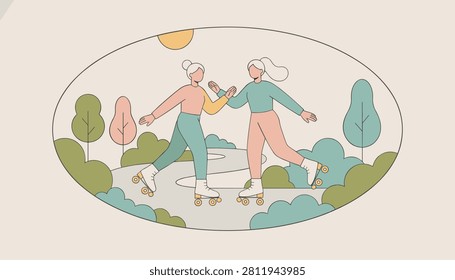 Female friends high fiving while enjoying a fun outdoor roller skating session in a scenic green park during a sunny day.