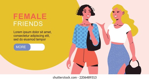 Female friends horizontal banner with two young smiling pretty trendy girls talking to each other vector illustration