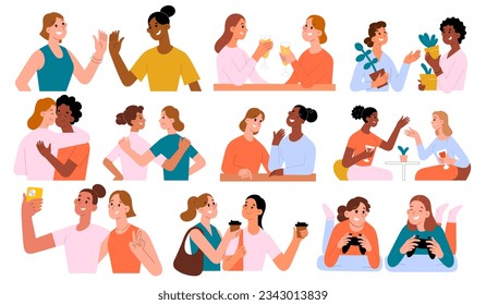 Female friends hug each other, meet and talk, young women spend time together, BFF drink coffee and share hobby, vector illustrations