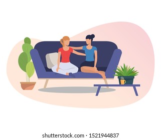 Female friends hugging each other. Women sitting on couch, talking and embracing. Friendship concept. Vector illustration for posters, presentation slides, landing pages