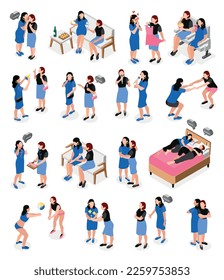 Female friends isometric icon set two friends going out doing general things chatting having fun singing karaoke vector illustration