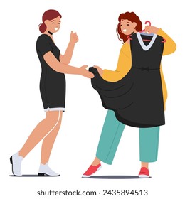 Female Friends Joyfully Explore Fashion, Trying On Dresses, Sharing Laughter, During A Delightful Shopping Spree, Strengthening Their Bond Through Shared Moments Of Style And Friendship, Vector Scene