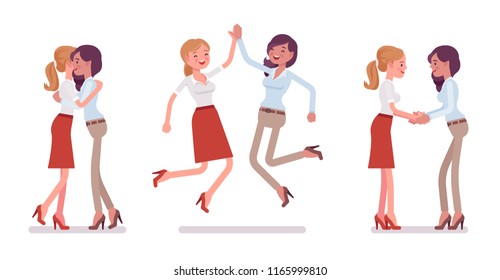 Female friends meeting, greeting. Women giving a hug, high five, customers, colleagues handshake. Business manners, etiquette concept. Vector flat style cartoon illustration isolated, white background