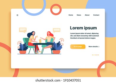 Female friends meeting over cup of coffee. Women drinking tea and chatting flat vector illustration. Communication, friendship concept for banner, website design or landing web page