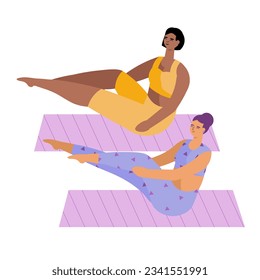 Female friends performing exercise for abs on mat. Group workout for women of different ages. Fitness and sport for women. Flat vector illustration in cartoon style
