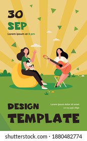 Female friends and pet relaxing outdoors. Women playing guitar and singing outdoors flat vector illustration. Camping, recreation, leisure concept for banner, website design or landing web page
