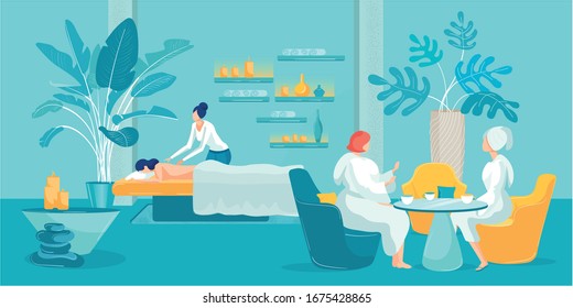 Female Friends Relaxing Take Spa in Beauty Salon. Therapist Massaging Young Woman. Two Ladies in Bathrobe Resting and Drinking Hot Beverages while Sitting at Table. Vector Cartoon Flat Illustration