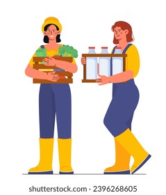 Escena de amigas. Dos agricultores. Niñas con productos naturales y orgánicos. Buenas relaciones. Positividad y optimismo. Afiche o pancarta. Dibujo vectorial plano de dibujos animados aislado en fondo blanco