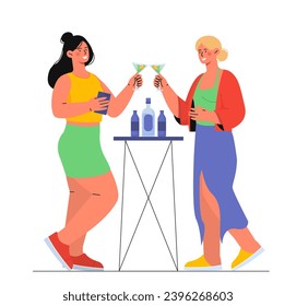 Female friends scene. Two women in bar. Girls with alcoholic drinks. Good relations. Positivity and optimism. Poster or banner. Cartoon flat vector illustration isolated on white background