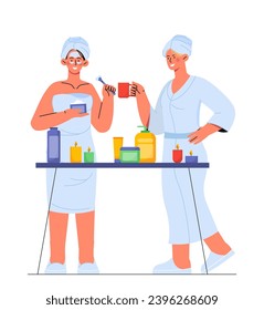 Female friends scene. Two women with SPA procedures. Girls with cosmetics. Good relations. Positivity and optimism. Poster or banner. Cartoon flat vector illustration isolated on white background