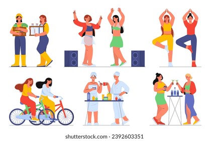 Female friends set. Women dancing, ride at bicycles and practice yoga. Active and healthy lifestyle. Sports, fun and leisure. Cartoon flat vector collection isolated on white background