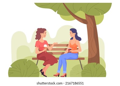 Female friends sitting on bench and chatting in park. Two women talking while eating ice cream and drinking tea or coffee flat vector illustration. Communication, summer, friendship concept for banner