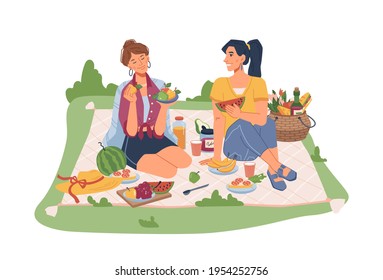 Female friends sitting on blanket on picnic, seating fruits and snacks. Vector sandwiches, juice and soda drink, bananas, basket with fruits and vegetables, spoon and hat, communicating girls