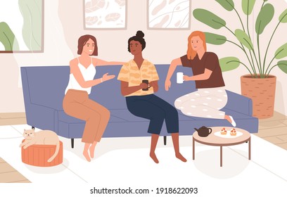 Female friends sitting on comfy sofa, talking and drinking tea. Happy smiling women chatting and relaxing on couch together at cozy home. Colorful flat vector illustration
