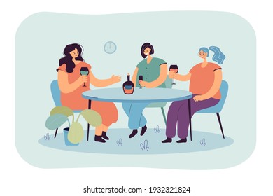 Female friends sitting at table in cafe and drinking wine. Cartoon women having lunch out and talking. Vector illustration for friendship, meeting, communication concept