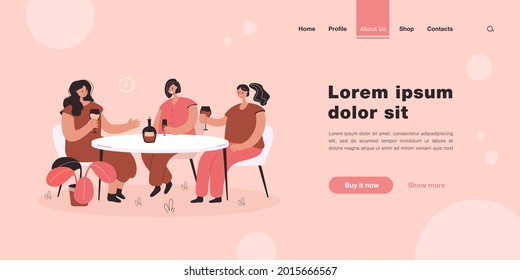 Female friends sitting at table in cafe and drinking wine. Cartoon women having lunch out and talking. Vector illustration for friendship, meeting, communication concept