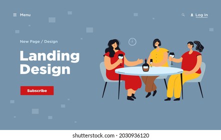 Female friends sitting at table in cafe and drinking wine. Cartoon women having lunch out and talking. Vector illustration for friendship, meeting, communication concept