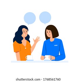 Female friends with speech bubbles at coffee shop