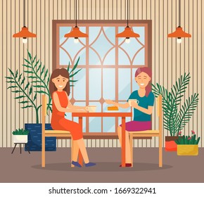 Female friends spending time together at restaurant. Meeting of women for intimate talk, conversation of two in cafe or at home. People calmly drink coffee and eat cake. Vector illustration in flat