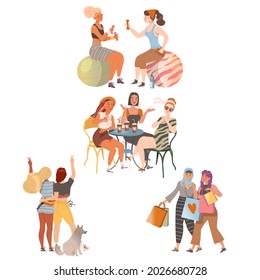Female Friends Spending Time Together Doing Sport in Gym, Shopping and Gossiping in Cafe Vector Set