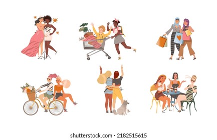 Female friends spending time together set. Girls shopping, riding bike, meeting, singing vector illustration