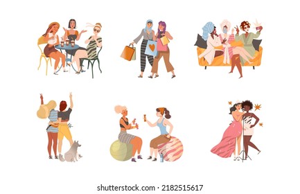 Female friends spending time together set. Girlfriends shopping, doing sports, meeting, singing vector illustration