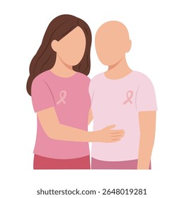 Female friends standing hugging each other.Concept of support and solidarity with women fighting oncological disease. Vector illustration