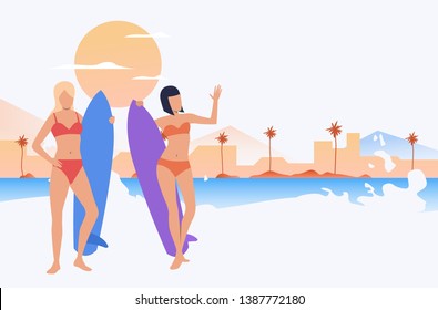 Female friends in swimsuits standing on beach and holding surfboards. Tropical resort, activity, ocean. Surfing concept. Vector illustration can be used for topics like vacation, leisure, beach