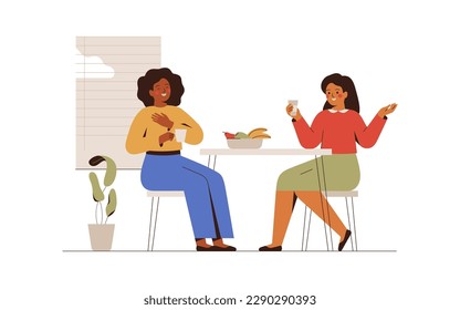 Female friends talk and drink tea in the kitchen at home. Colleagues have coffee break on work. Happy Women sit at cafe and gossip. Friendship and communication concept. Vector illustration