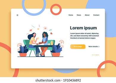 Female friends talking over cup of tea. Holding hand, giving comfort, coffee shop flat vector illustration. Communication, friendship concept for banner, website design or landing web page