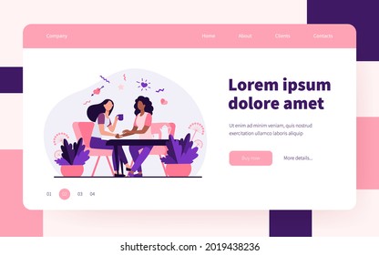 Female friends talking over cup of tea. Holding hand, giving comfort, coffee shop flat vector illustration. Communication, friendship concept for banner, website design or landing web page