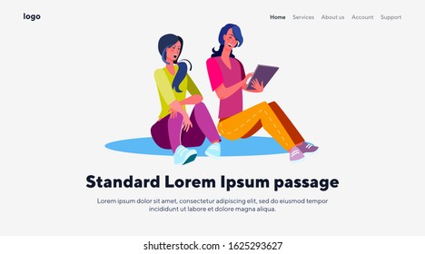 Female friends using together. Two women in casual sitting on floor, chatting flat vector illustration. Communication, internet concept for banner, website design or landing web page
