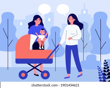 Female friends walking with baby in stroller and chatting. New mom in park with pram. Flat vector illustration. Motherhood, maternity leave concept for banner, website design or landing web page