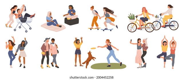 Female friends. Young women friend spending time together, dancing, taking selfie, doing yoga, shopping. Happy girls having great time vector set. Characters having picnic, listening to music